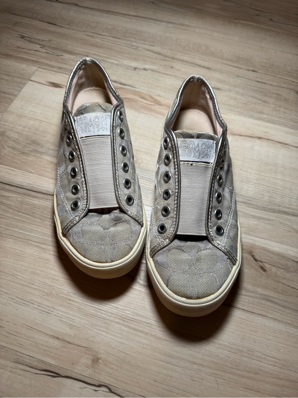 Coach Metallic Taupe Signature Slip-Ons